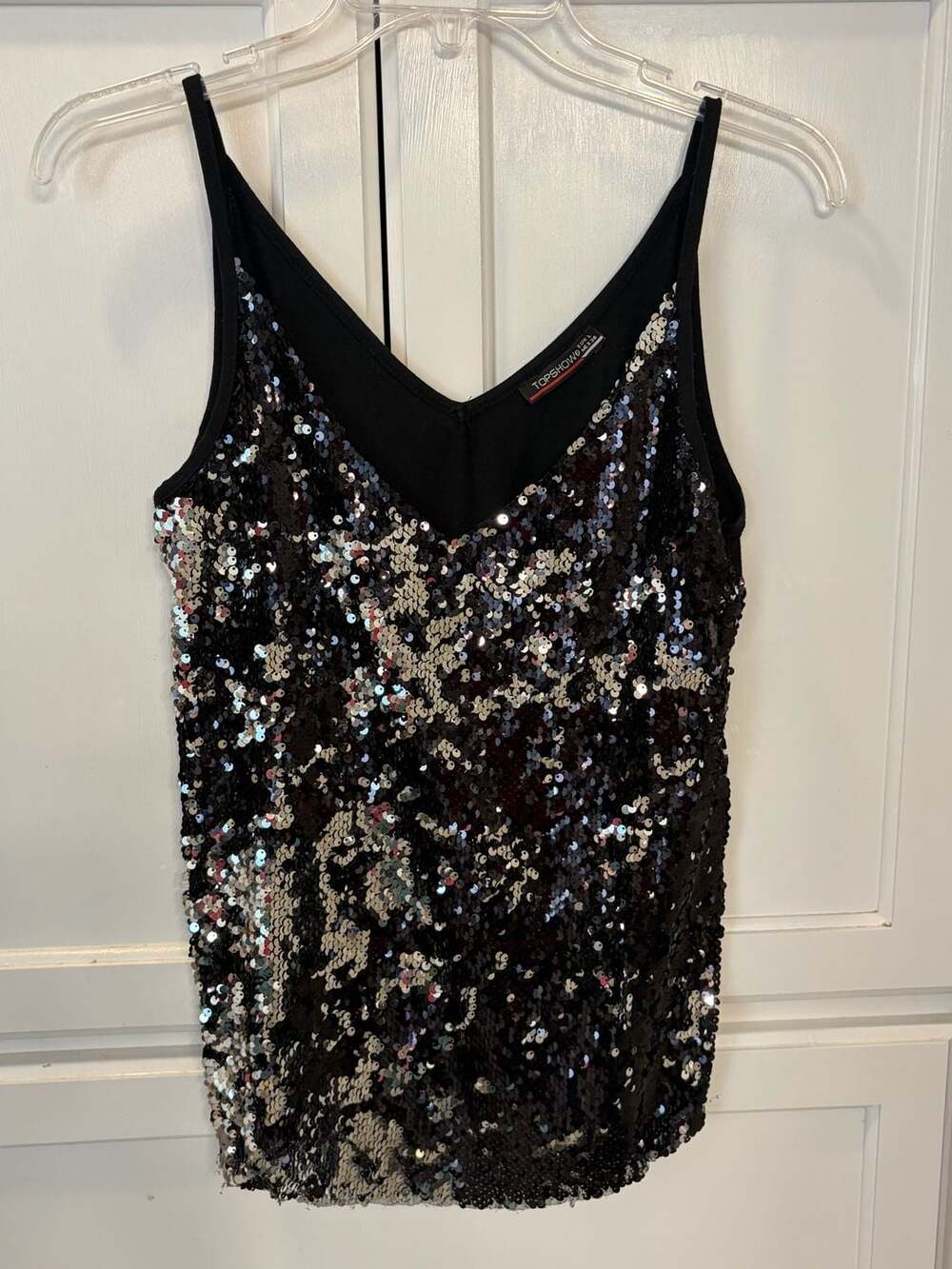 Topshow Sequin Cami Tank Top Size L Black Silver Spaghetti Strap Y2K